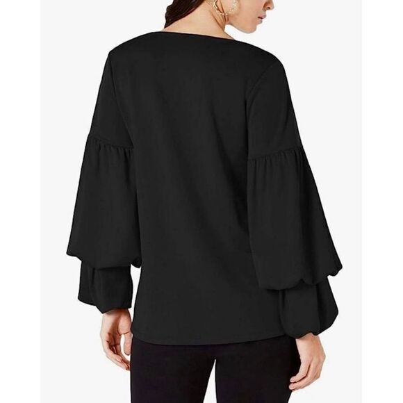 047 Alfani Stretch Black Bubble Sleeves Pullover Top Sz M - Picture 2 of 7